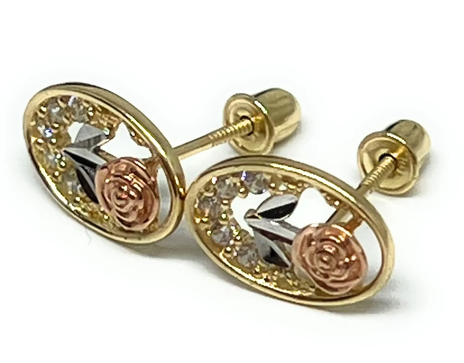 10k Solid Gold Tri-Color Flower Mini Dainty CZ Stud Earrings (FCE 11)