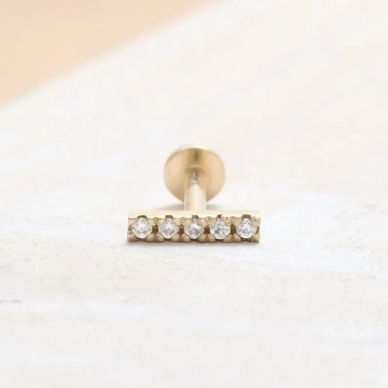 14K Real Gold CZ or Moissanite Genuine Diamond Slim Stick Helix Cartilage Tragus Inner Conch Internally Threaded Flat Back Earri