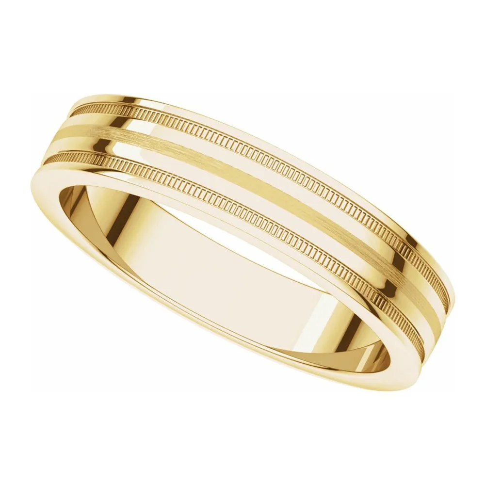 4mm 14K Yellow Gold Flat Edge Satin Center Milgrain Comfort Fit Band