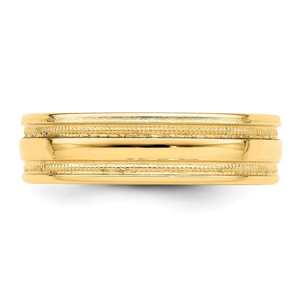 6mm 14K Yellow Gold Beaded Grooved Comfort Fit Band