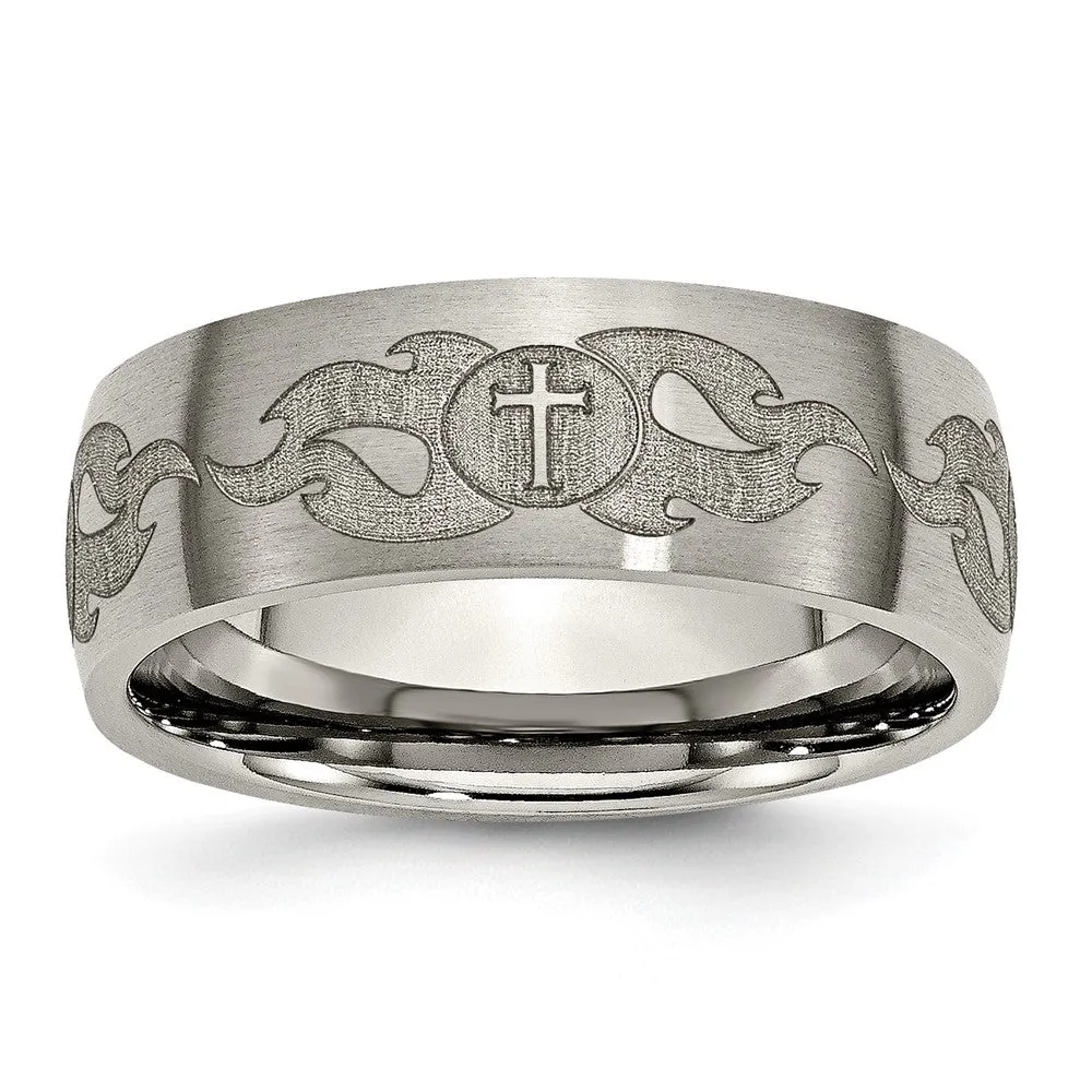 8mm Titanium Etched/Brushed Cross & Flames Domed Standard Fit Band