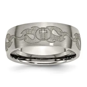 8mm Titanium Etched/Brushed Cross & Flames Domed Standard Fit Band