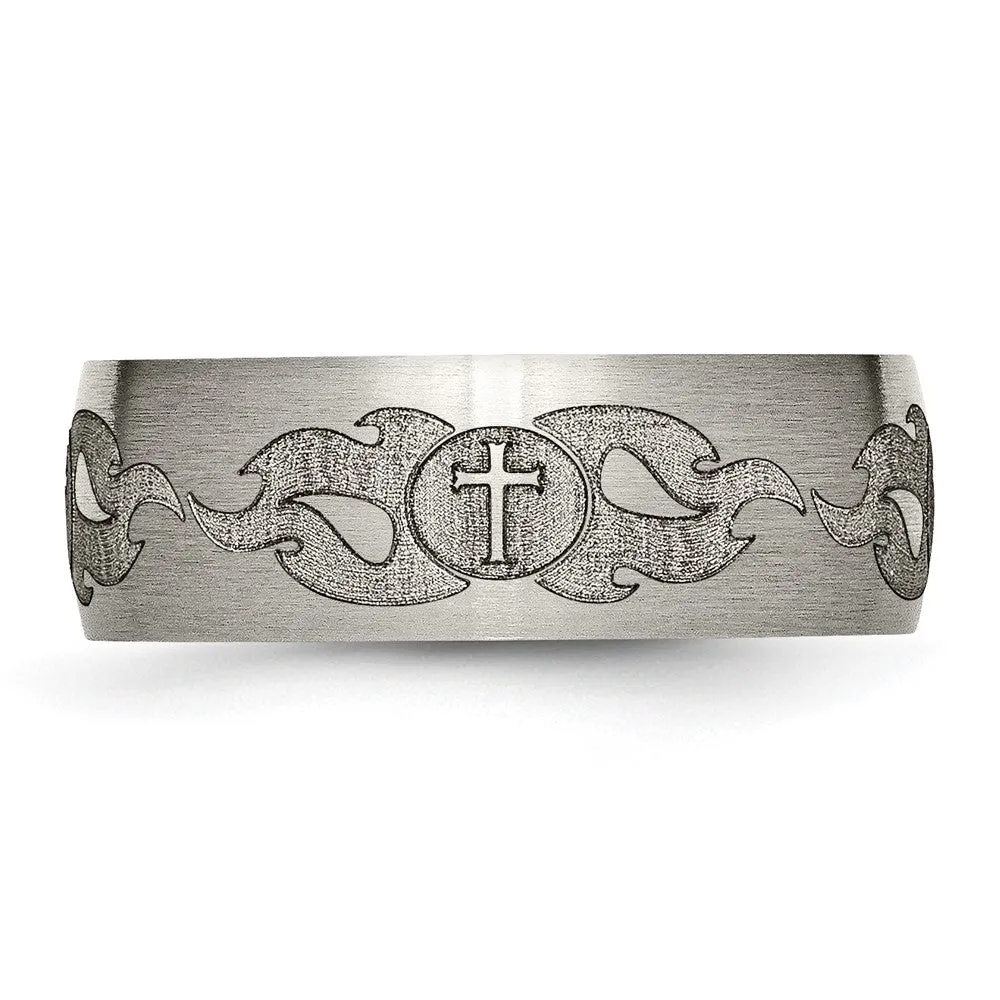 8mm Titanium Etched/Brushed Cross & Flames Domed Standard Fit Band