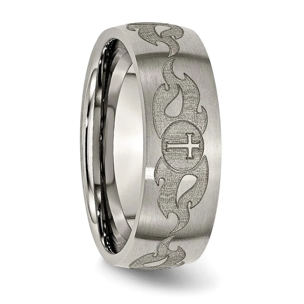 8mm Titanium Etched/Brushed Cross & Flames Domed Standard Fit Band