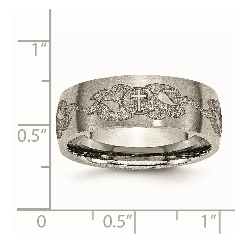 8mm Titanium Etched/Brushed Cross & Flames Domed Standard Fit Band