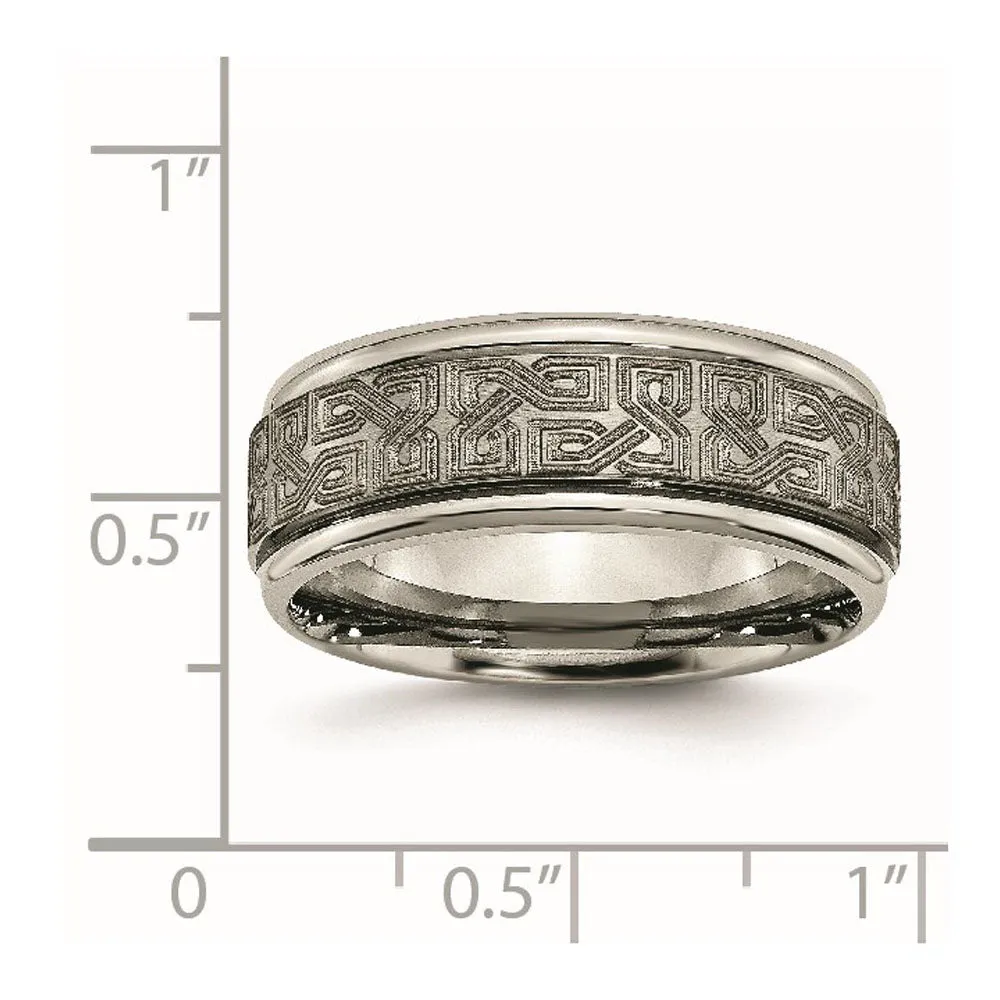 8mm Titanium Lasered Greek Key Grooved Edge Standard Fit Band