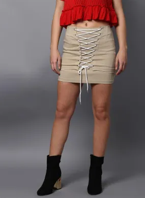 Beige Mini Skirt with Front Tie-Up detail