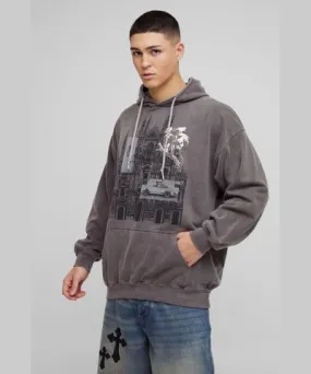 boohoo Mens Oversized Washed Raw Hem Distressed Gothic Graphic Hoodie