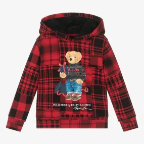 Boys Red Polo Bear Tartan Hoodie