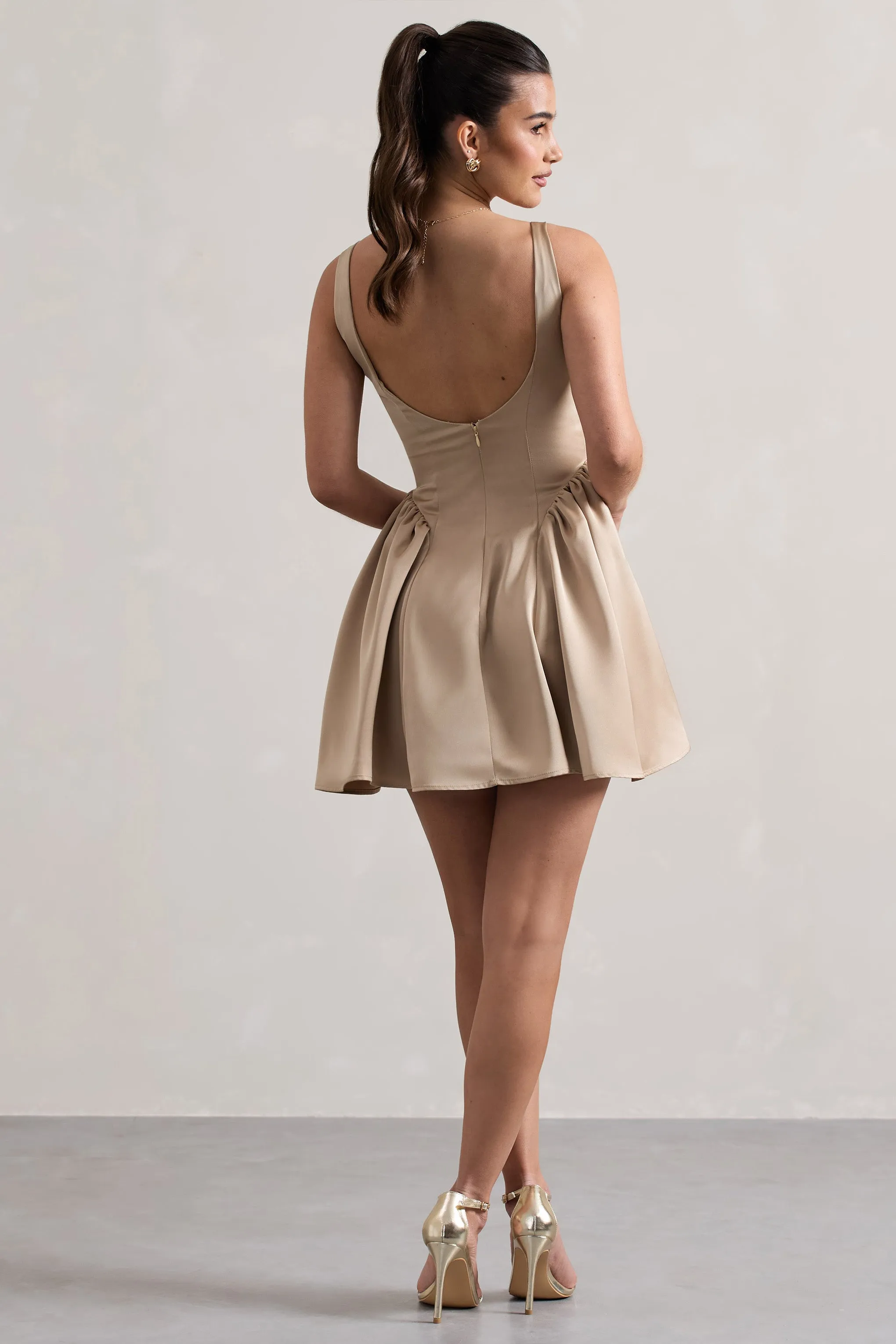 Cyrus | Champagne Satin Scoop-Neck Mini Dress