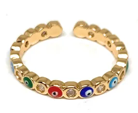 Gold Plated Evil Eye MULTI-COLOR Mini Band Adjustable Ring Anillo