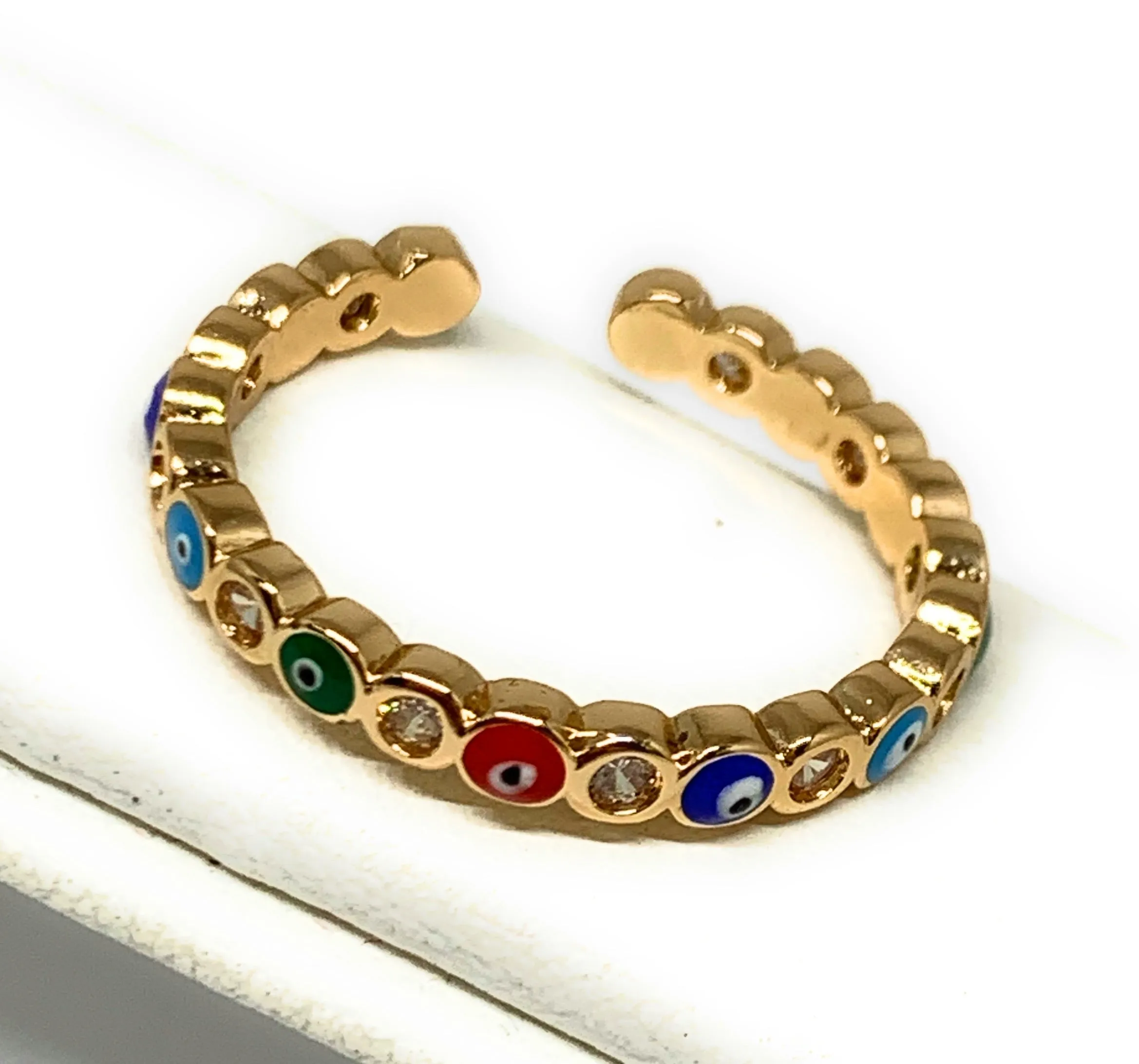 Gold Plated Evil Eye MULTI-COLOR Mini Band Adjustable Ring Anillo