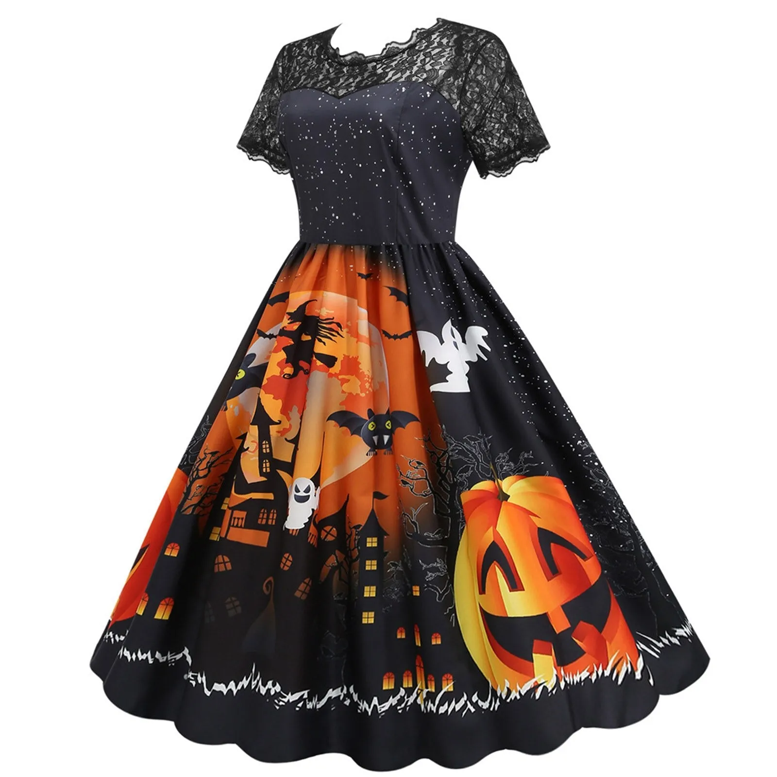 Halloween Costume For Women Plus Size Short Sleeve Lace 1950s Housewife Evening Party Prom Dress Elegant Scary Costumes Cosplay