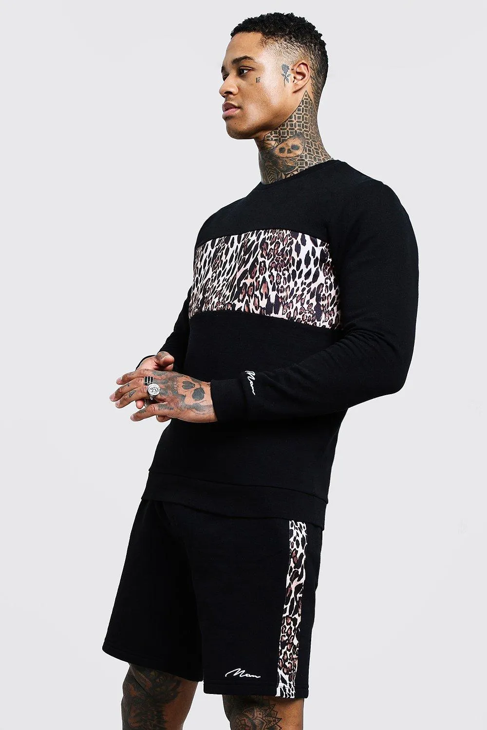 Leopard Print Panelled Short Tracksuit | boohooMAN UK