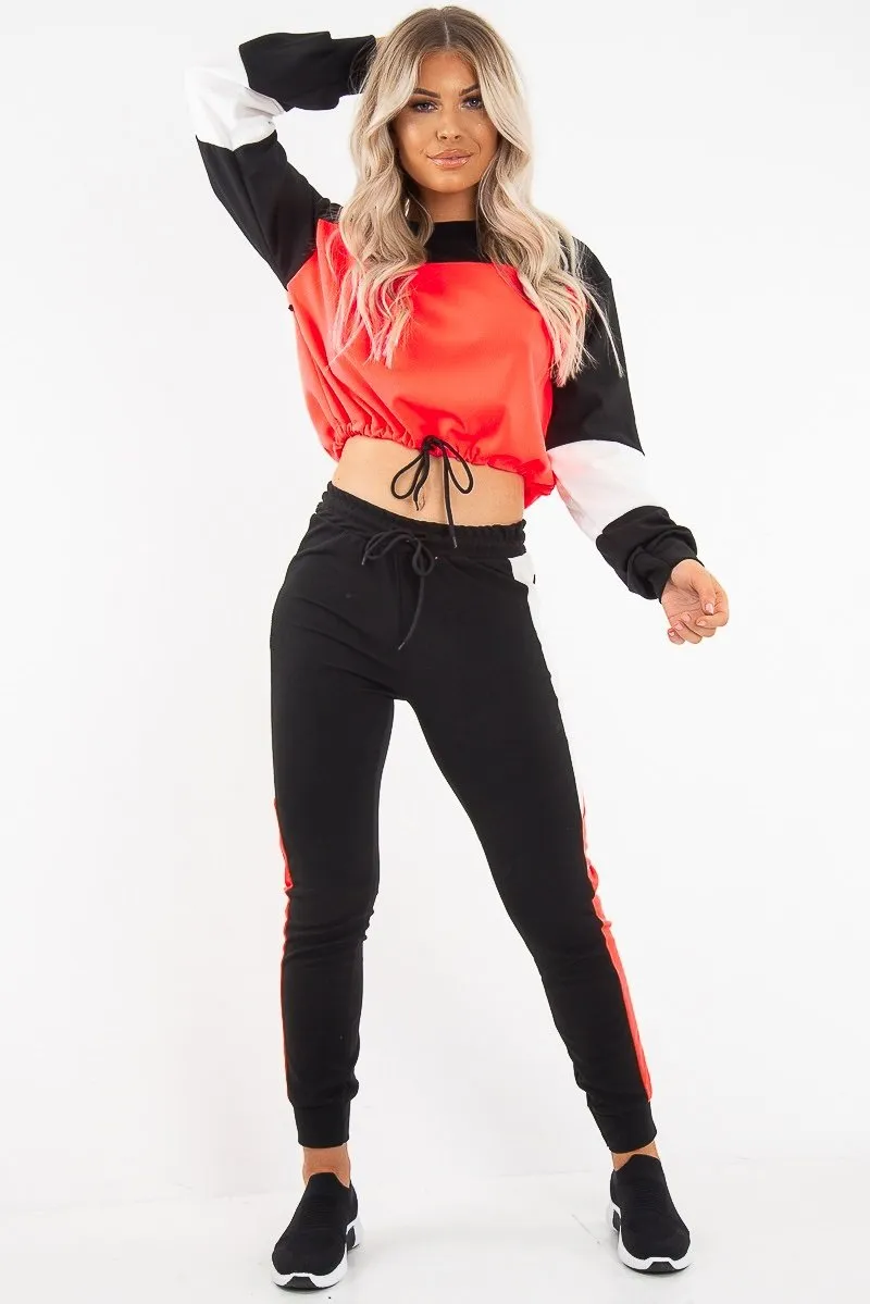 Neon Coral Colour Block Sweatshirt Tracksuit - Kazia