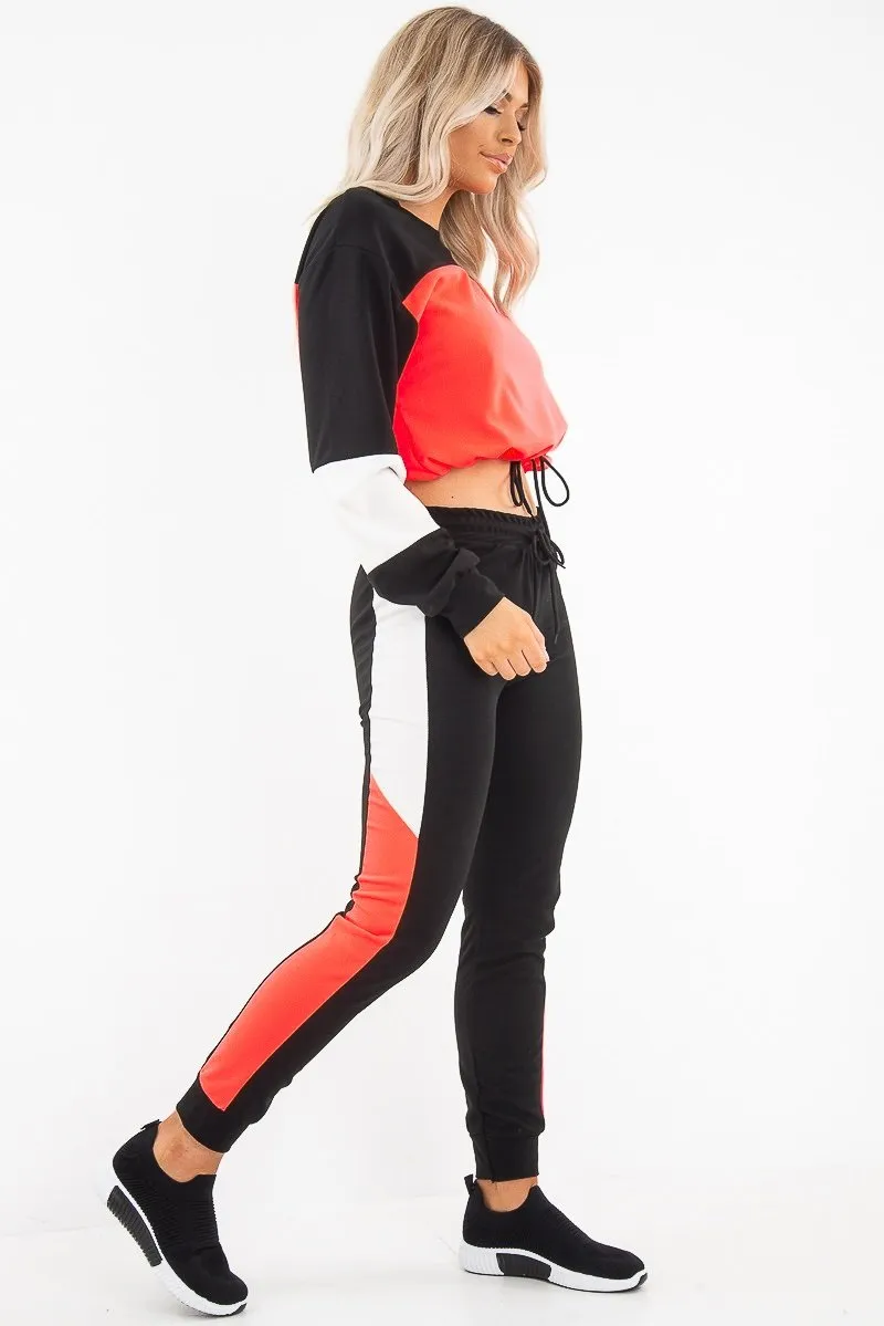 Neon Coral Colour Block Sweatshirt Tracksuit - Kazia