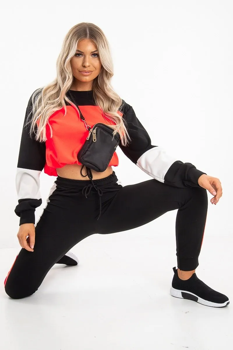 Neon Coral Colour Block Sweatshirt Tracksuit - Kazia