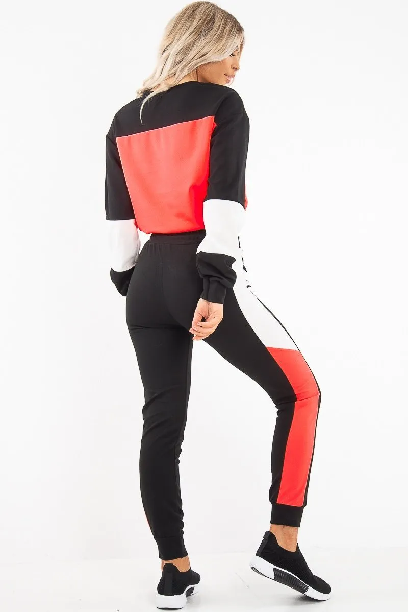 Neon Coral Colour Block Sweatshirt Tracksuit - Kazia