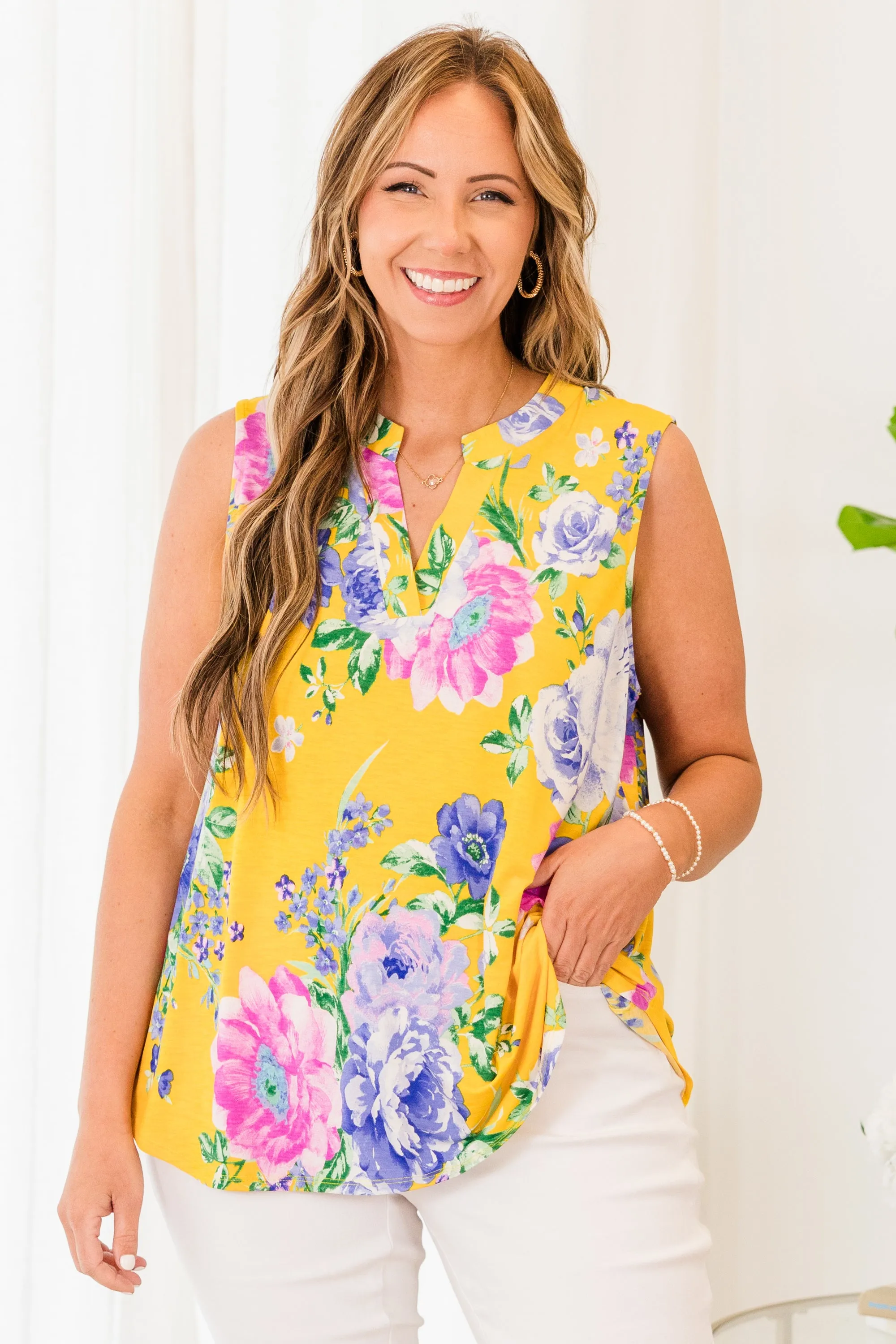 Perky Prints Top, Yellow-Lavender