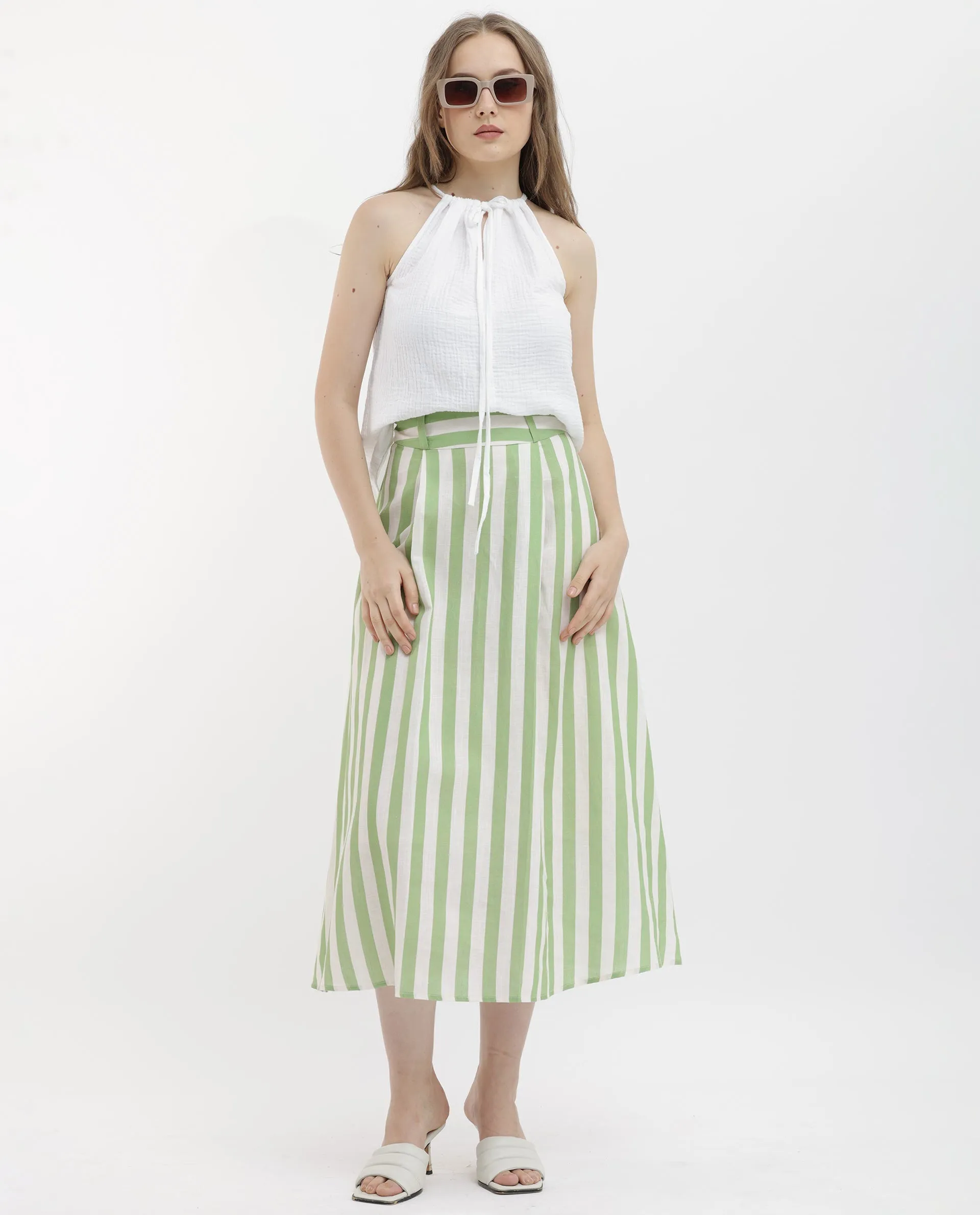 Rareism Women Zame-B Off White Cotton Linen Fabric Zip Closure Regular Fit Striped Midi Skirt