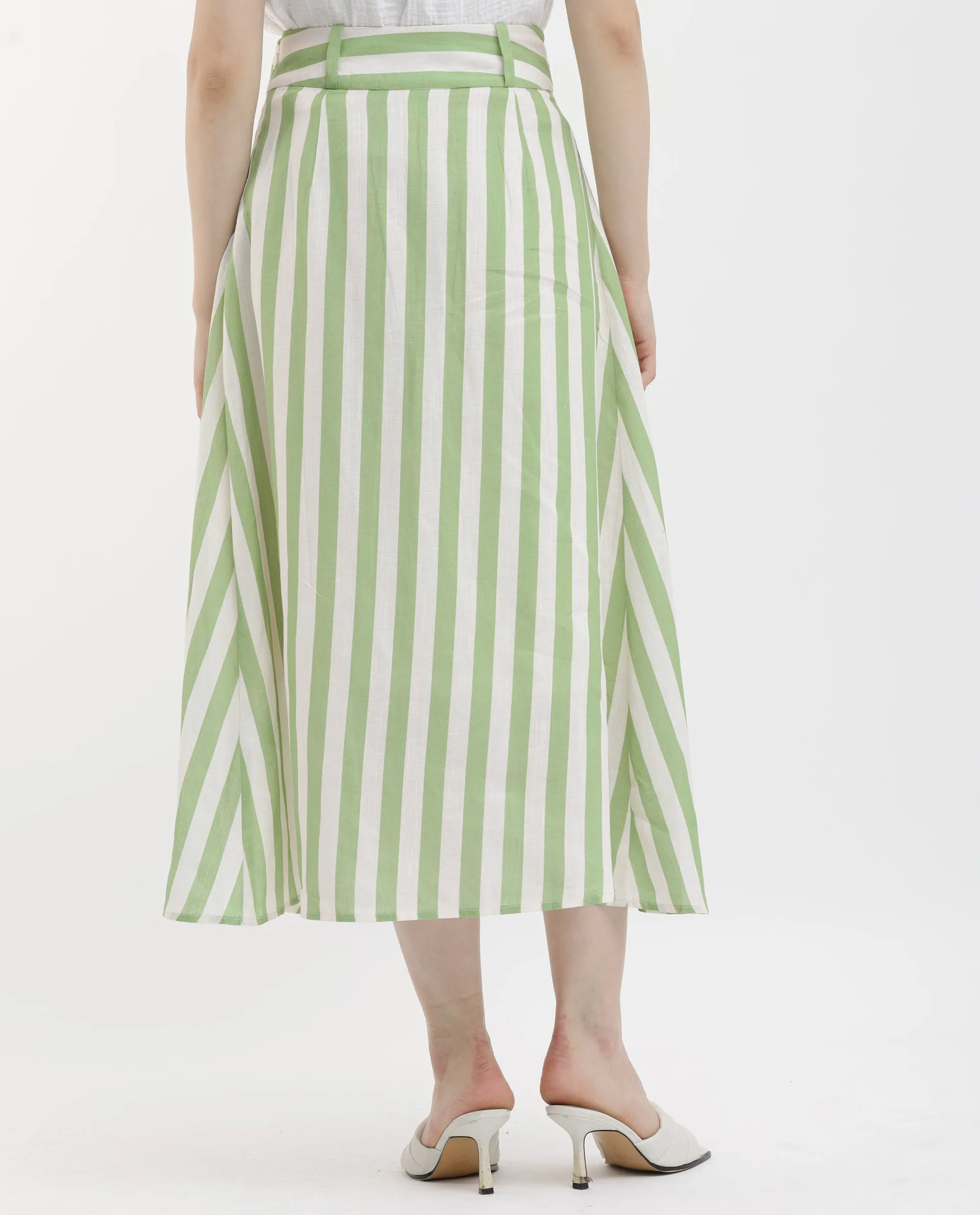 Rareism Women Zame-B Off White Cotton Linen Fabric Zip Closure Regular Fit Striped Midi Skirt