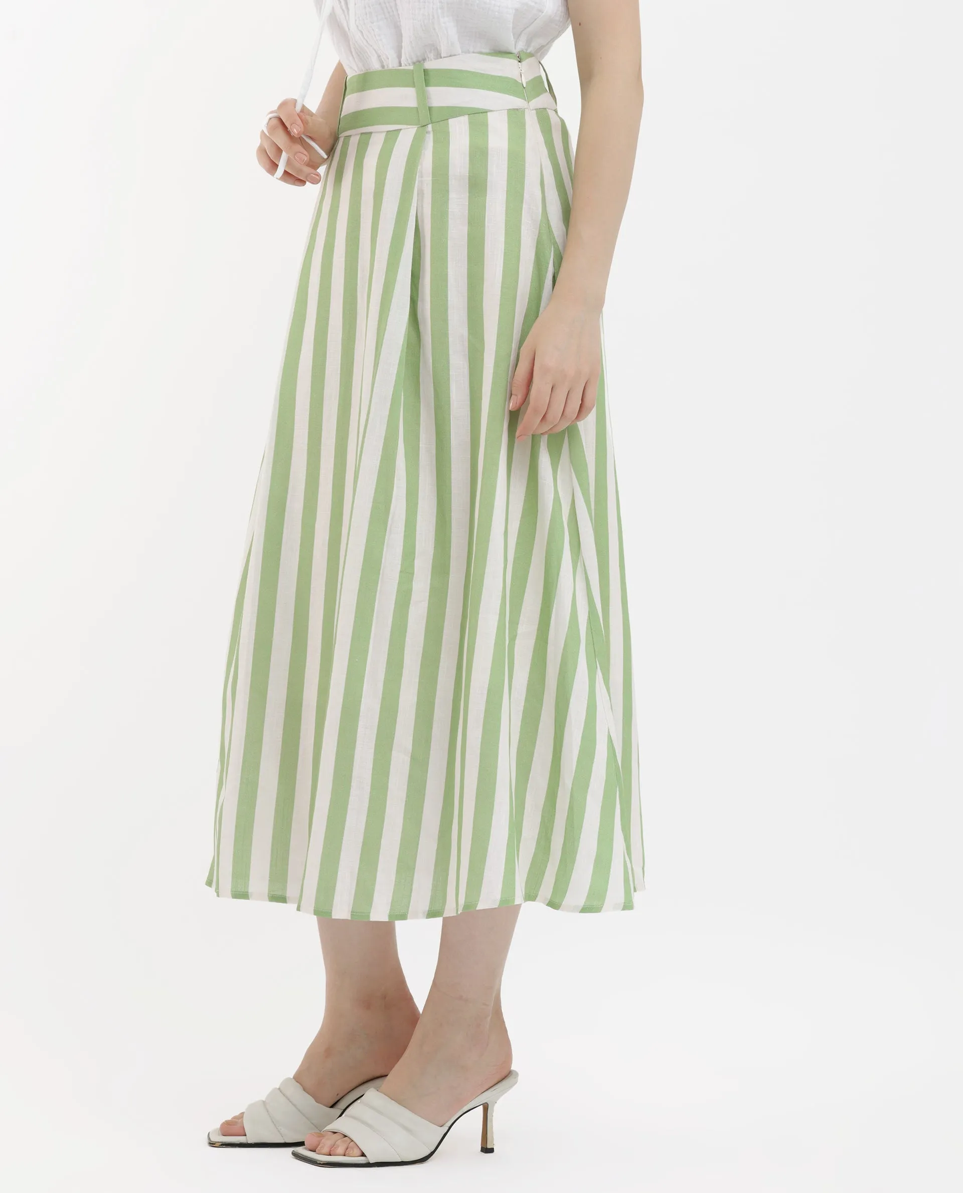 Rareism Women Zame-B Off White Cotton Linen Fabric Zip Closure Regular Fit Striped Midi Skirt