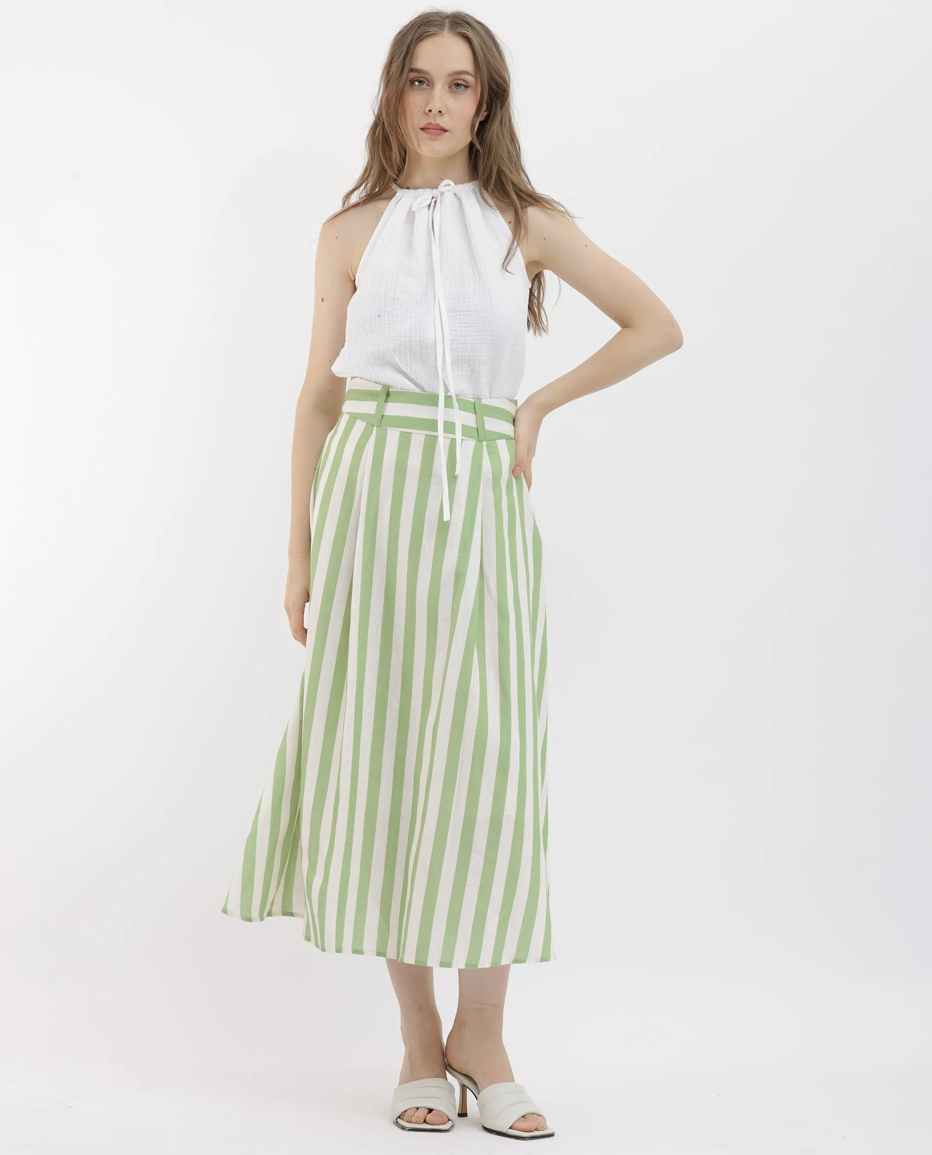 Rareism Women Zame-B Off White Cotton Linen Fabric Zip Closure Regular Fit Striped Midi Skirt