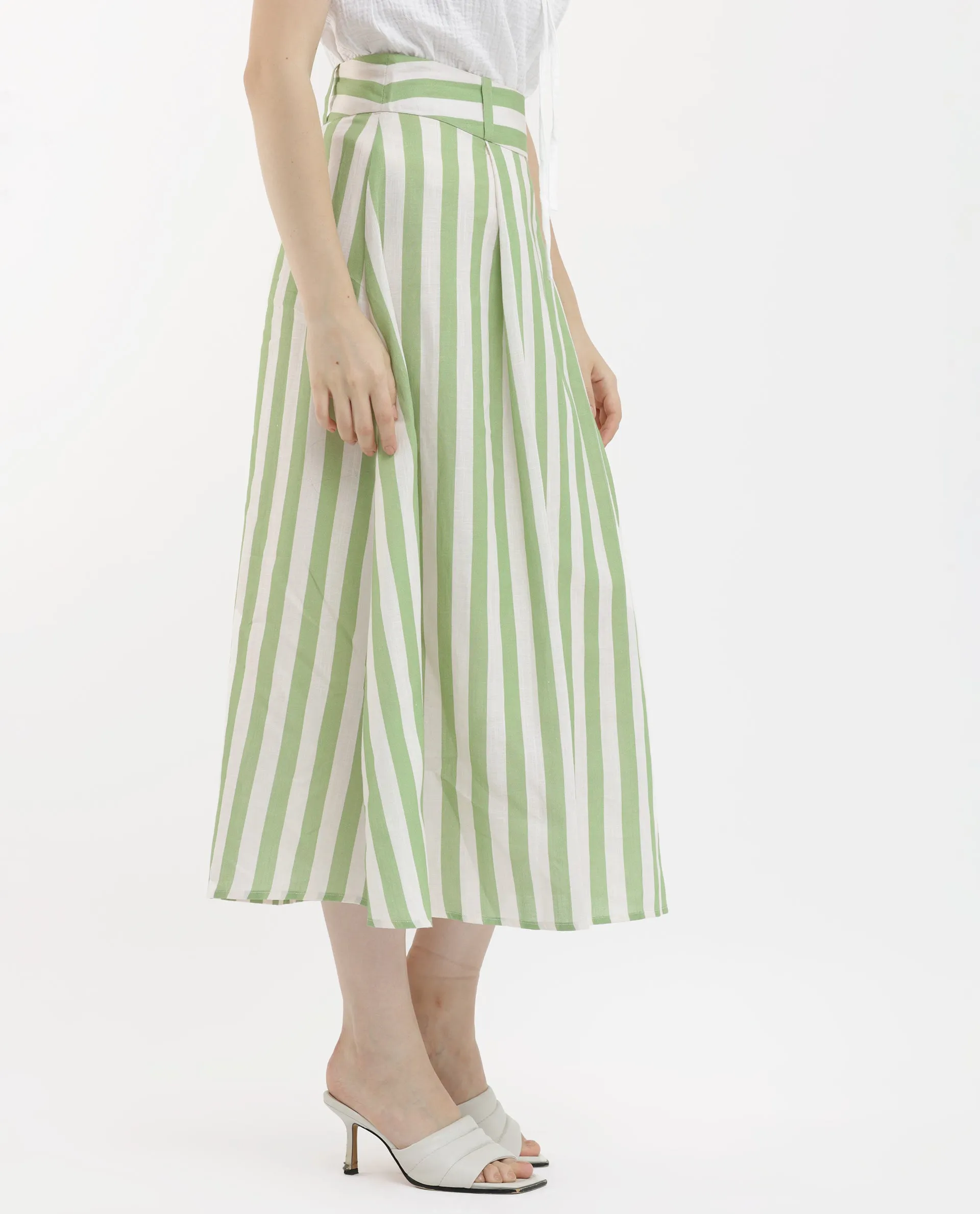 Rareism Women Zame-B Off White Cotton Linen Fabric Zip Closure Regular Fit Striped Midi Skirt