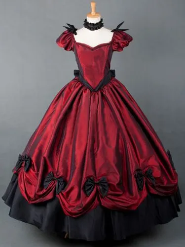 Red Short Sleeves Pleated Victorian Retro Tudor Dress  Costume Carnival