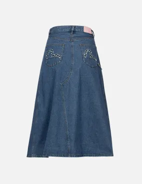 Seagull Print Fashion Fit Denim Pleated Skirt