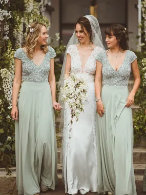 Simple V-neck Short Sleeve Chiffon Sequin Long Bridesmaid Dresses.DB10836