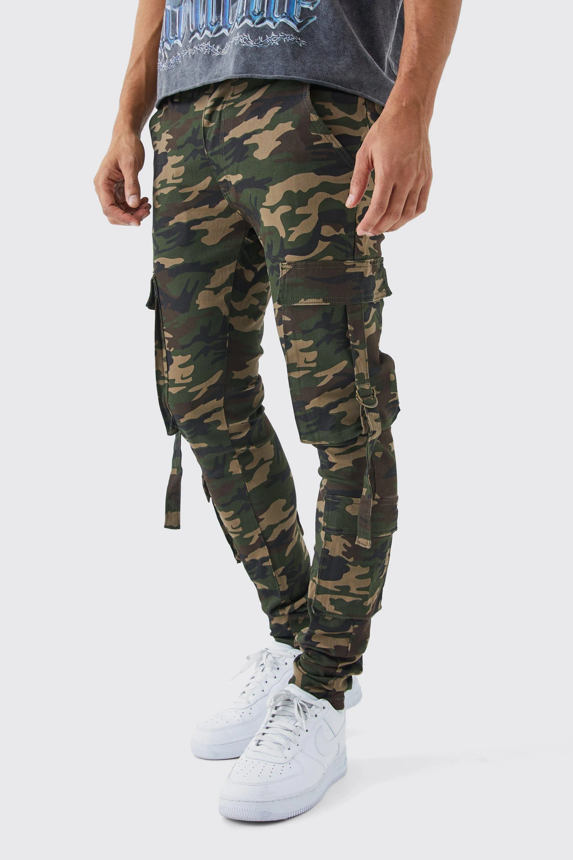 Skinny Stacked Multi Cargo Camo Trouser | boohooMAN UK