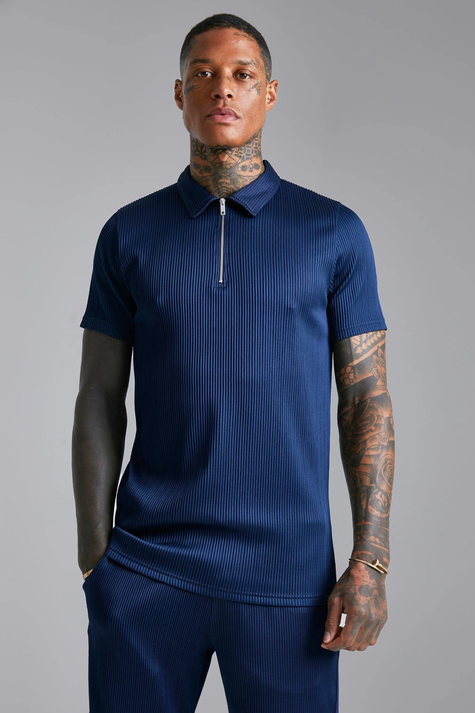 Slim Fit Pleated Zip Neck Polo 