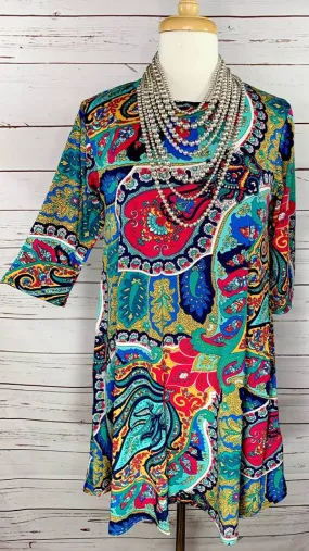 SMALL * Turquoise, Mustard, Pink Paisley Flutter Tunic Dress