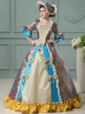 Victorian Retro Tudor Dress  Costume Women's Floral Rococo Ball Gown Blue Women's Ruffle Bows Jacquard Maxi Royal Vintage Costum